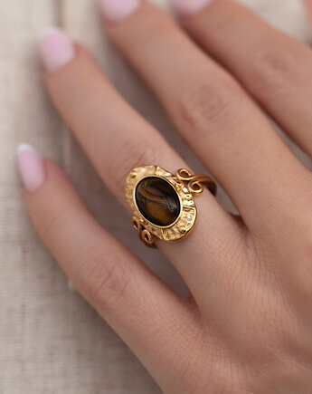 Złoty pierścionek ze stali chirurgicznej premium z kamieniem tygrysiego oka P, Paraiso