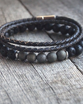 KOMPLET męskich bransolet :: PIRYT matowy & lawa, kaktusia