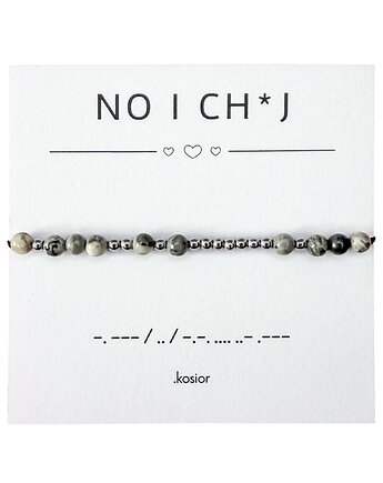 UNISEX Bransoletka z alfabetem Morse Jaspis szary, Hematyt, karolina kosior