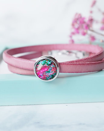 PINK STONE -SKÓRZANA BRANSOLETKA z artystyczną przekładką, Chodelska Art Studio