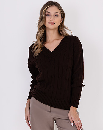 Sweter w warkoczowy wzór - SWE316 brąz MKM, MKMswetry