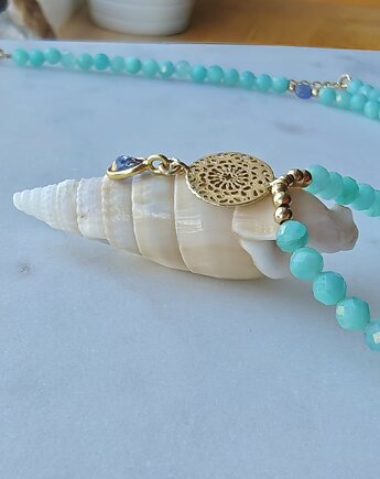 Lśniący tanzanit z amazonitami, ekskluzywny naszyjnik, Studio Gazela