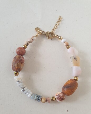 Bransoletka BOHO z opalem dendrytowym, agatem drzewnym, opalem różowym, modesign