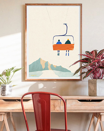 Narty w górach - plakat 50x70 cm - wyciąg narciarski, minimalmill