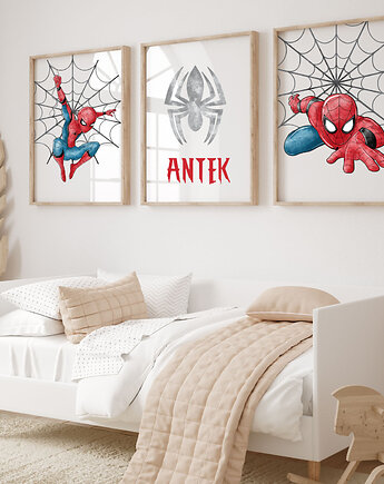 Zestaw 3 plakatów Spiderman, metryczka, imię dziecka Wzory, Mała Pracownia DK
