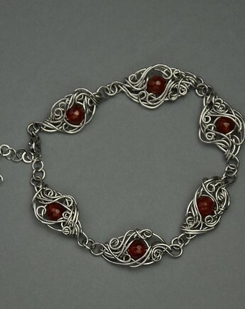 Bransoletka regulowana czerwony karneol wire wrapping, Agata Rozanska