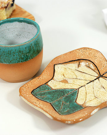 Ceramiczy komplet - czarka i talerzyk liść, 10FingersArt