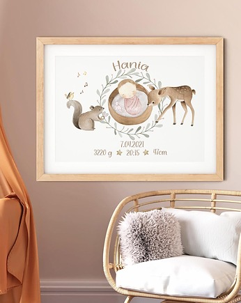 Metryczka dla niemowlaka Sarenka Leśne zwierzęta Obrazek do pokoju dziecka, Słonikowe Atelier