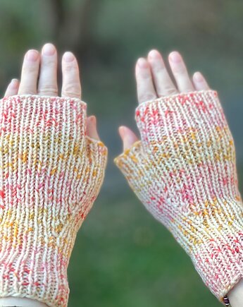 Kolorowe jesienne wełniane  mitenki  pomarańczowy różowy mix, Made by Jaga