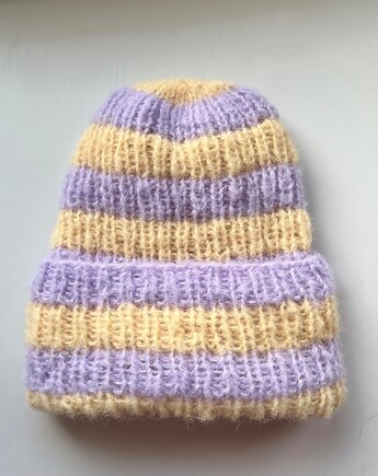 Wiosenna lekka czapka Dimma z alpaki i jedwabiu  liliowo masełkowe paski, Made by Jaga