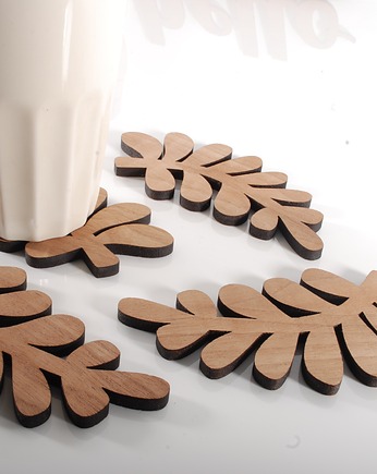 Zestaw 4 drewnianych podkładek pod kubek - liście, MOOD for WOOD