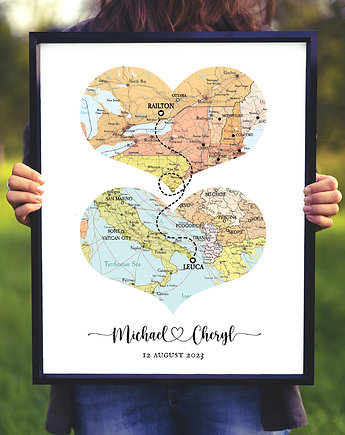 Plakat Prezent mapa serce 2 lokalizacje, mapa prezent, mapa ślub, ZAMIŁOWANIA - Spersonalizowany prezent