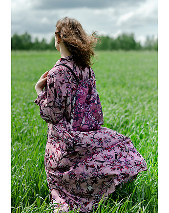 Bawełniany PLECAK / worek różowo-bordowy print kwiatowe SŁOWIKI, NAWROTANKA