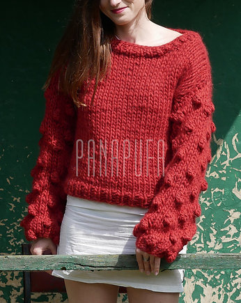 Czerwony sweter na drutach z Alpaki, PANAPUFA
