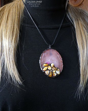 Wisior niezwyczajny handmade Agat z bursztynem mlecznym wyjątkowy Prezent, Galeria Limart
