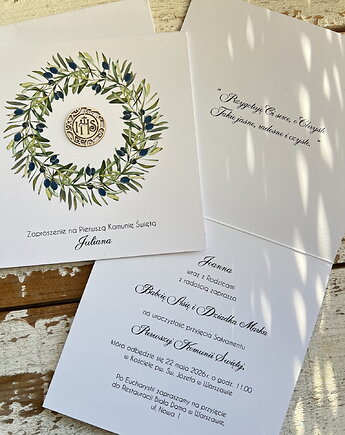 Białe eleganckie zaproszenia komunijne, na komunię ręcznie robione z wiankiem, sorte