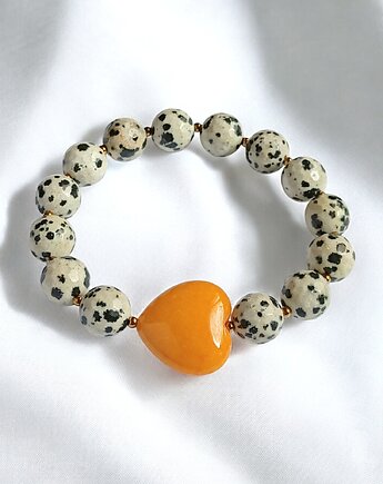 Jaspis dalmatyński i serce : MIODOWE : bransoletka na gumce, kaktusia