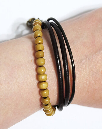 Bransoletka - Koraliki drewniane 2 - rzemienie skórzane brązowe, yenoo