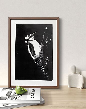 Linoryt "Dzięcioł" - odbitka 40/60 cm, papier 50/70 cm, Scrap Glass Art Studio