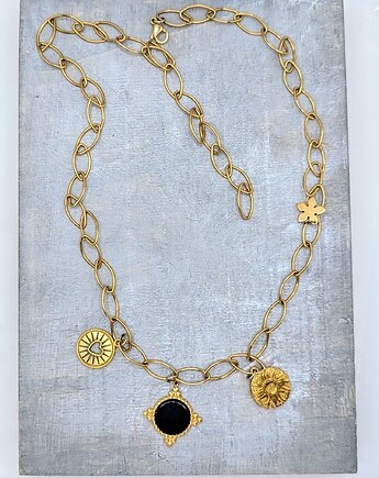 Łańcuch z dużymi ogniwami i medalionami - czarny onyks, Studio Gazela