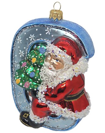 Ręcznie malowana bombka szklana Mikołaj na niebieskiej literze C, STARGLASS