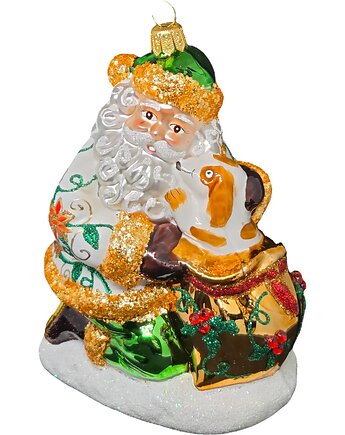 Ręcznie malowana szklana bombka wzorzysty Mikołaj z pieskiem w worku, STARGLASS