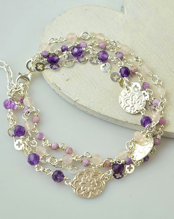 Elnora - srebrna bransoletka z ametystem, kwarcem różowym i czaroitem