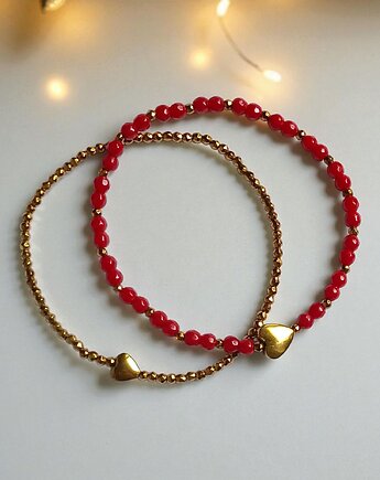 Komplet czerwono-złoty : bransoletki z serduszkami : na prezent, kaktusia