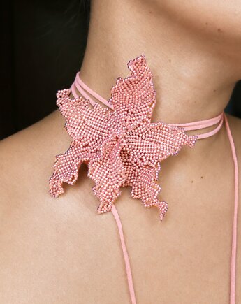 Różowo - łososiowa orchidea - naszyjnik choker z koralików, Hibiscus