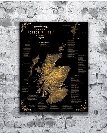 Whisky Szkocja (regiony, destylarnie) / plakat mapa, OKAZJE - Prezent na 50 urodziny