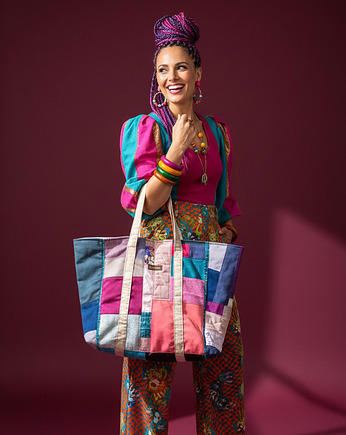 Shopperka no waste handmade patchwork unikatowa torba z resztek tkanin, raspberi