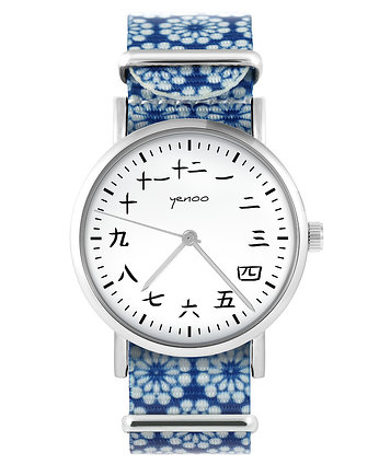 Zegarek - Kanji - niebieski, kwiaty, yenoo