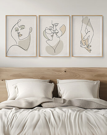 Zestaw 3 stylowych plakatów w stylu Boho, kobieta, twarz, line art., Grawisfera