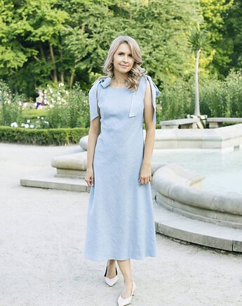 Sukienka lniana z kokardami błękit, Justyna Oltarzewska