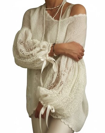 Sweter boho śmietanka ecru z szydełkową koronką, AgataDudaHandmade