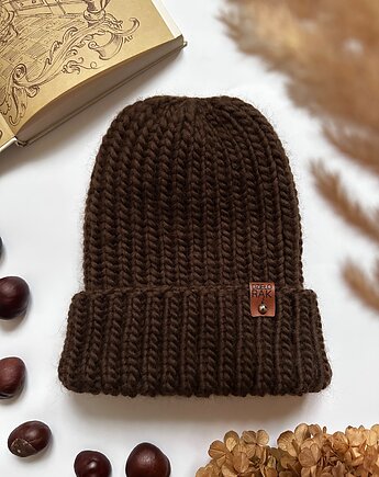 Gruba wełniana czapka oversize z bardzo szerokim wywinięciem - brązowa, Kocie Motki