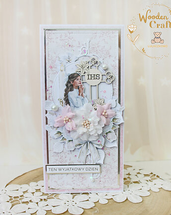 Kartka komunijna, Pamiątka Komunii, prezent "PinkRoses5" GOTOWA, Lulaczkowo