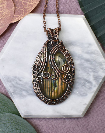 Miedziany wisiorek wire wrapping z labrdorytem #428, Spirit Of Copper