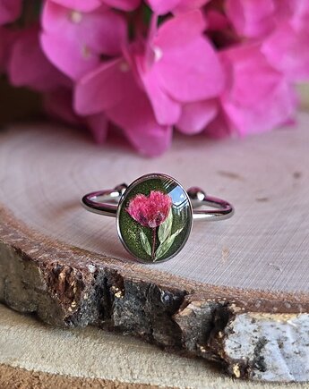 Wieczny kwiat pierścionek srebrny gipsówka prawdziwy żywica różowy, zkwiatem