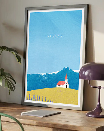 Islandia - plakat 50x70 cm - kościół Reyniskirkja z czerwonym dachem, minimalmill