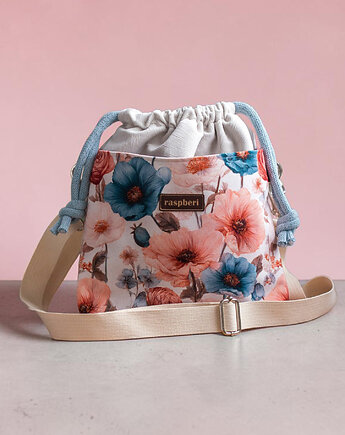 Listonoszka z kominem z weluru ecru w kwiaty handmade, unikat, raspberi