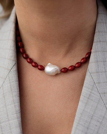 Naszyjnik z czerwonych koralików z perłą barokową Paraiso Rubella, Paraiso