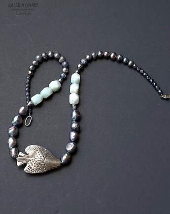 Ekskluzywny naszyjnik z akwamarynem perłami i rybą handmade PREZENT lux, Galeria Limart