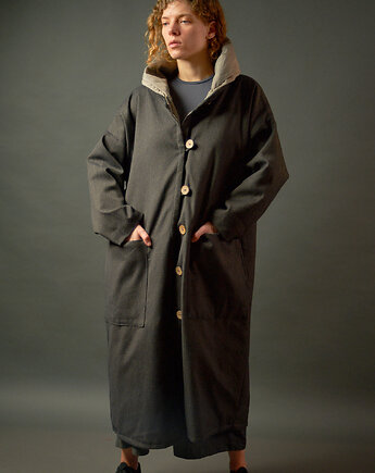 Długi płaszcz z tweedu bawełnianego lekko ocieplany, soie star