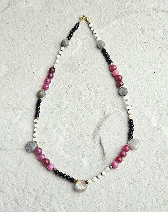 Naszyjnik N25  Labradoryt, turmalin, moonstone, Ag, Trawelerka