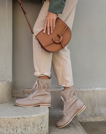 BOTKI SZNUROWANE WORKERY - SKÓRA NATURALNA - MODEL 424 - KOLOR LATTE, Zapato