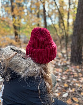 Gruba wełniana czapka oversize z bardzo szerokim wywinięciem - bordowy, Kocie Motki