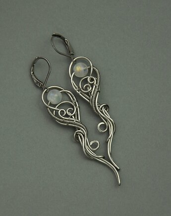 Długie kolczyki kamień księżycowy wire wrapping, Agata Rozanska