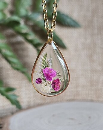 Złoty wisiorek prawdziwe kwiaty zawieszka łezka łza różowa, zkwiatem