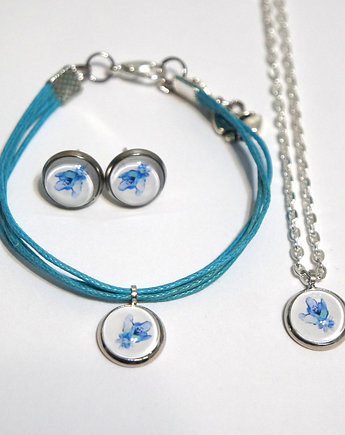 Komplet mini - Niebieski kwiat - kolczyki, bransoletka, naszyjnik